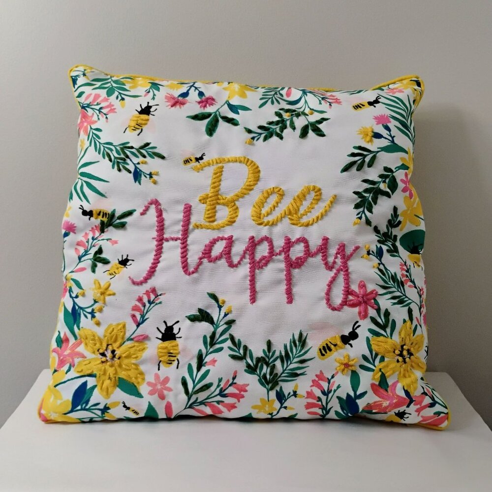 Bee Happy Embroidered Throw Pillow With Floral & Bee Design, Cottagecore Decor